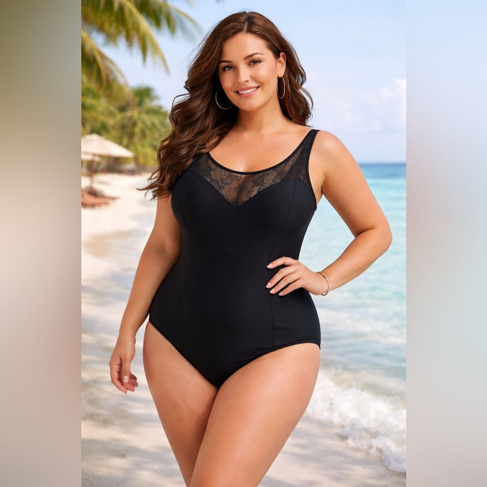 Longitude Black Lace Mesh One Piece Swimsuit 24W Shelf Bra Long Torso Swimwear